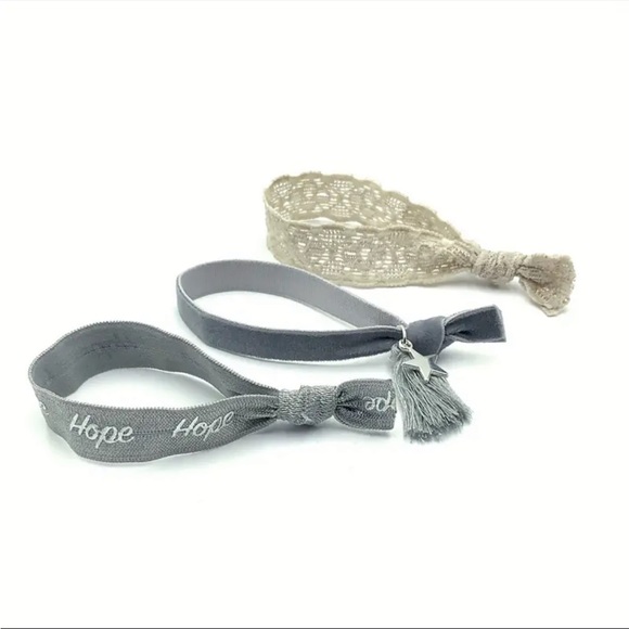 3 Hair Ties Hope Gray Stretch Lace Velvet Ribbon Tassel & Metal Charm. - Picture 2 of 3